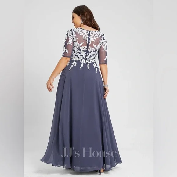 JJs House A-line V-Neck Floor-Length Lace Chiffon Evening Dress